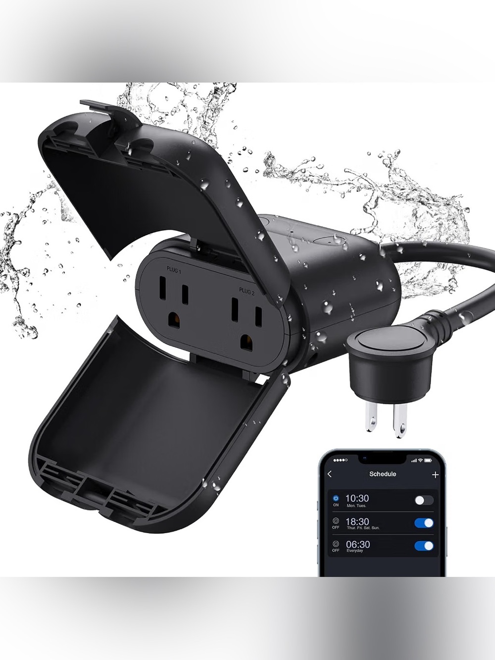 Smart Outdoor Waterproof Dual Outlet Timer Plug - Black